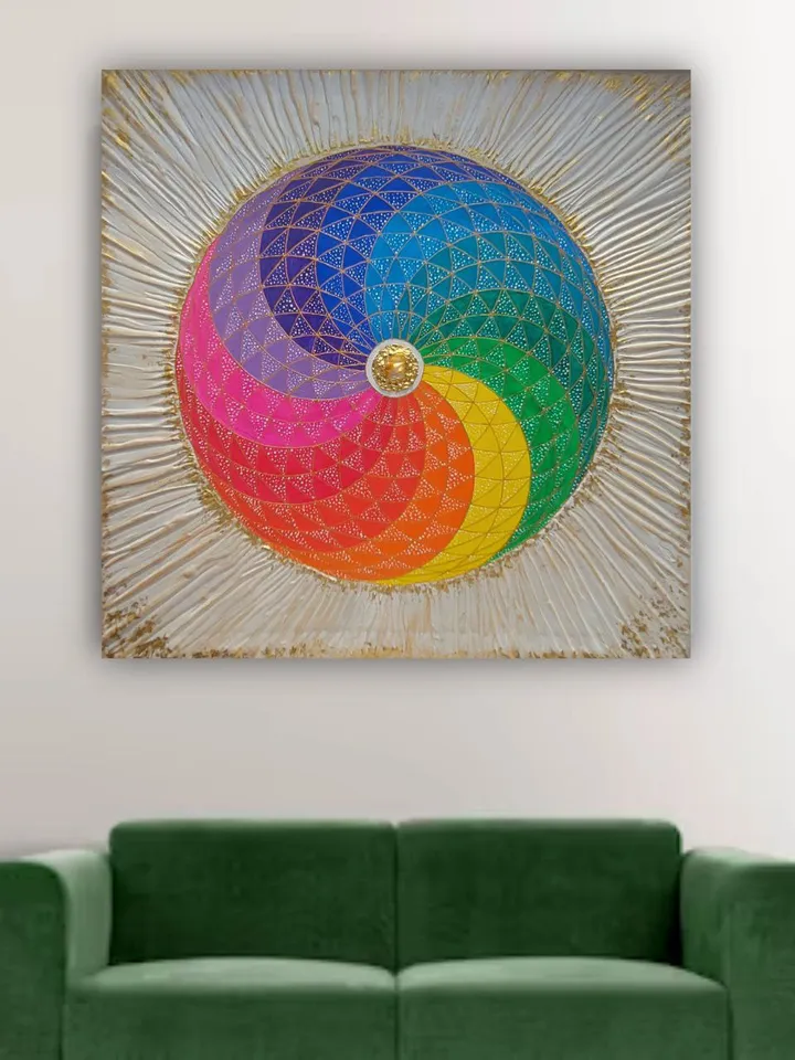 The rainbow sphere, with sacred geometry and white rays surrounding it