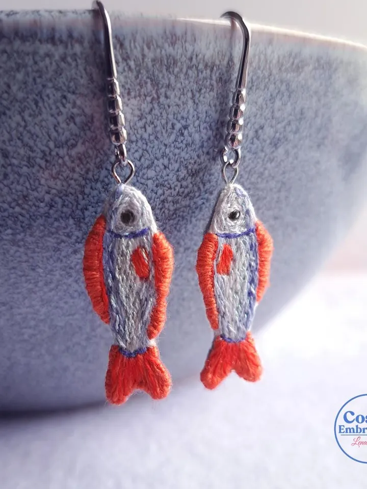 Fish Earrings Embroidery Whimsical Handcrafted Unique Boho Jewelry Gift for Her Quirky Jewelry Accessory Boho Design Symbolic Handmade