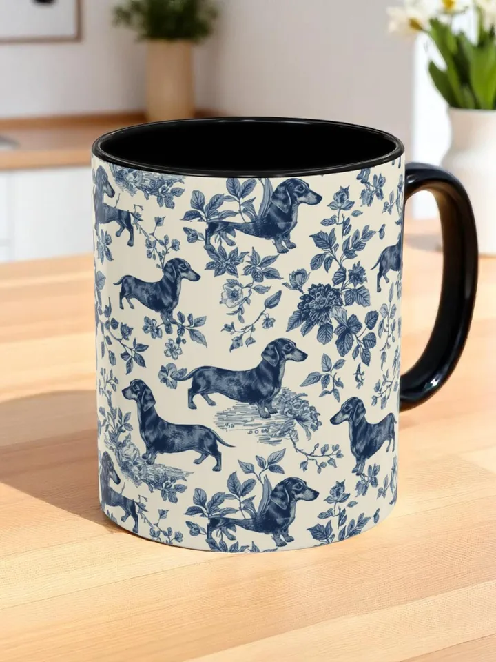 Dachshund French Toile de Jouy Ceramic Mug, Toile Coffee Cup for Doxie Mom, Sausage Dog Lover Gifts, Dog Tea Drinkware, Gift For Dog Lovers