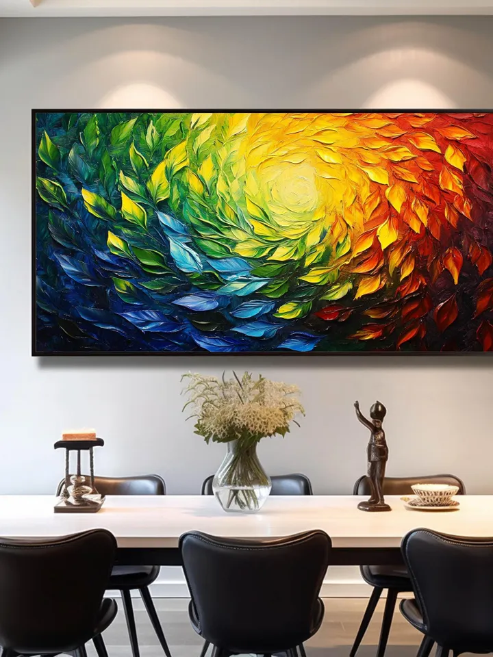 Abstract Rainbow Leaves Painting, Textured Impasto Art, Colorful Wall Art, 3D Canvas Art, Modern Art, Large Wall Decor, Living Room Decor