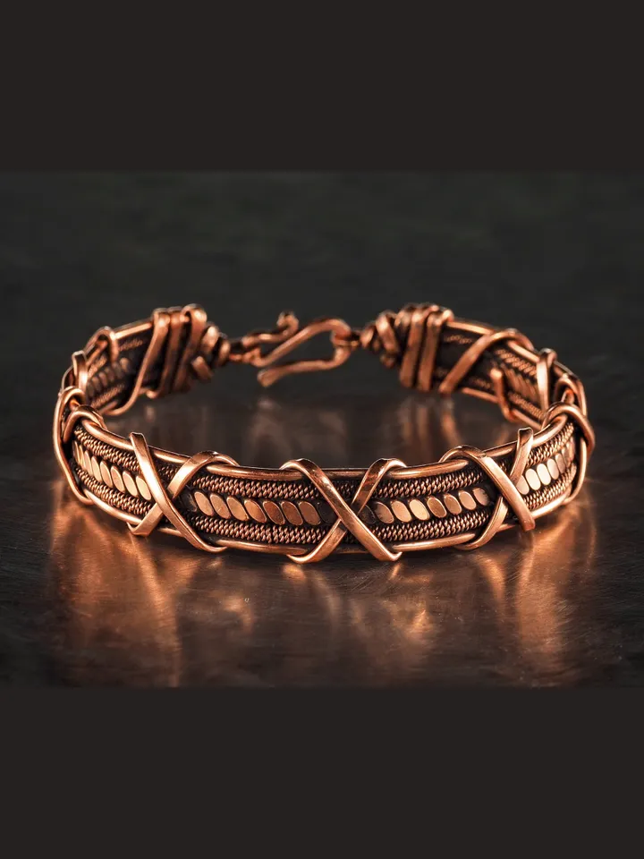 Wire wrapped bracelet, Unique 7th 22nd Anniversary gift idea, Art Nouveau antique style, One of kind braided statement bangle, Handmade oxidized pure copper jewelry, Pain relief, EMF protection