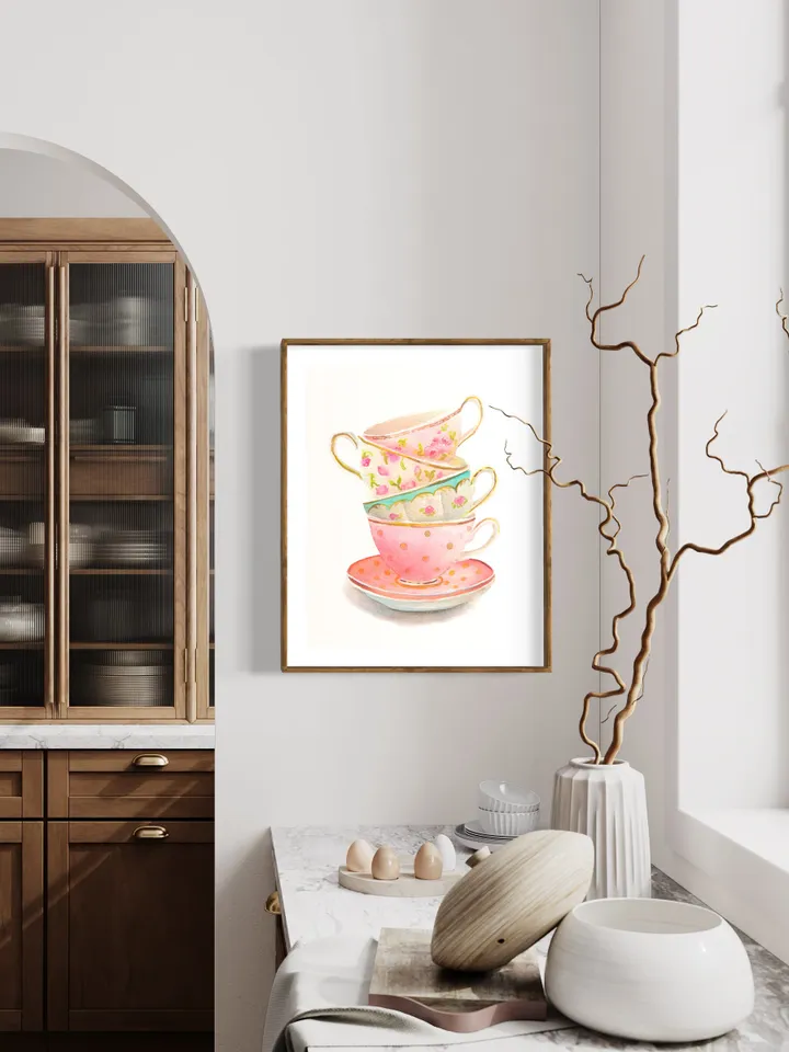 Tea Cups Watercolor Painting, Kitchen Wall Art, Tea Lover Gift, Tea Party, Vintage Kitchen Art, Art For Kitchen, Tea Time, Tea Decor