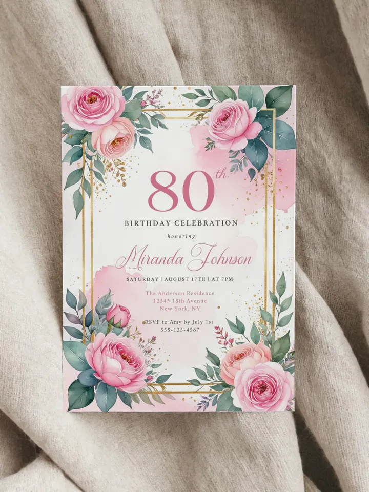 80th Birthday Invitation for Women – Pastel Dusty Pink Floral & Gold, Elegant Printable Party Invite for Women or Mom, Canva Template