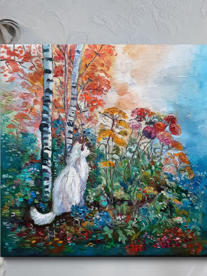 White Cat Original Oil Painting Oil on canvas