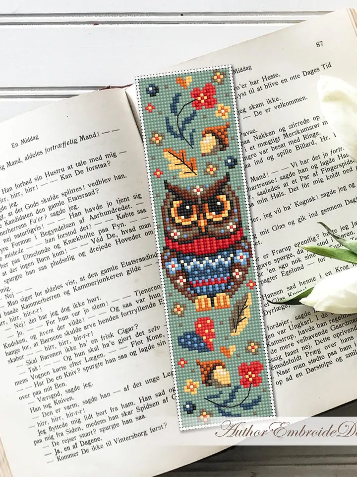 Bird bookmark cross stitch pattern PDF download Scandinavian folk owl cross stitch chart, Autumn bookmark pattern digital PDF #B429