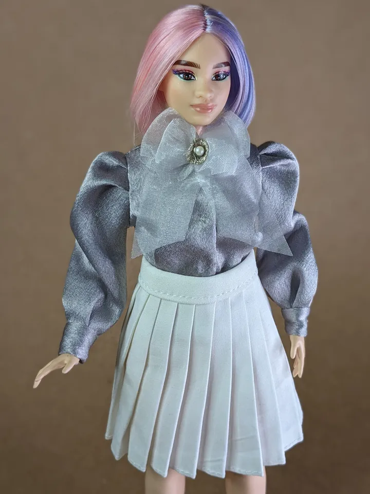 Handmade silk gray bow blouse for 1/6 scale fashion female dolls