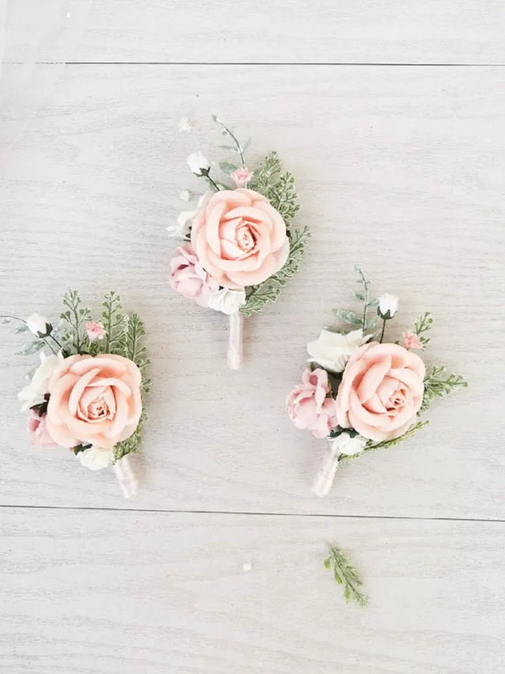 Blush Boutonniere, Blush pink wedding, Silk paper flowers, Rose Boutonniere, Wedding boutonniere for men