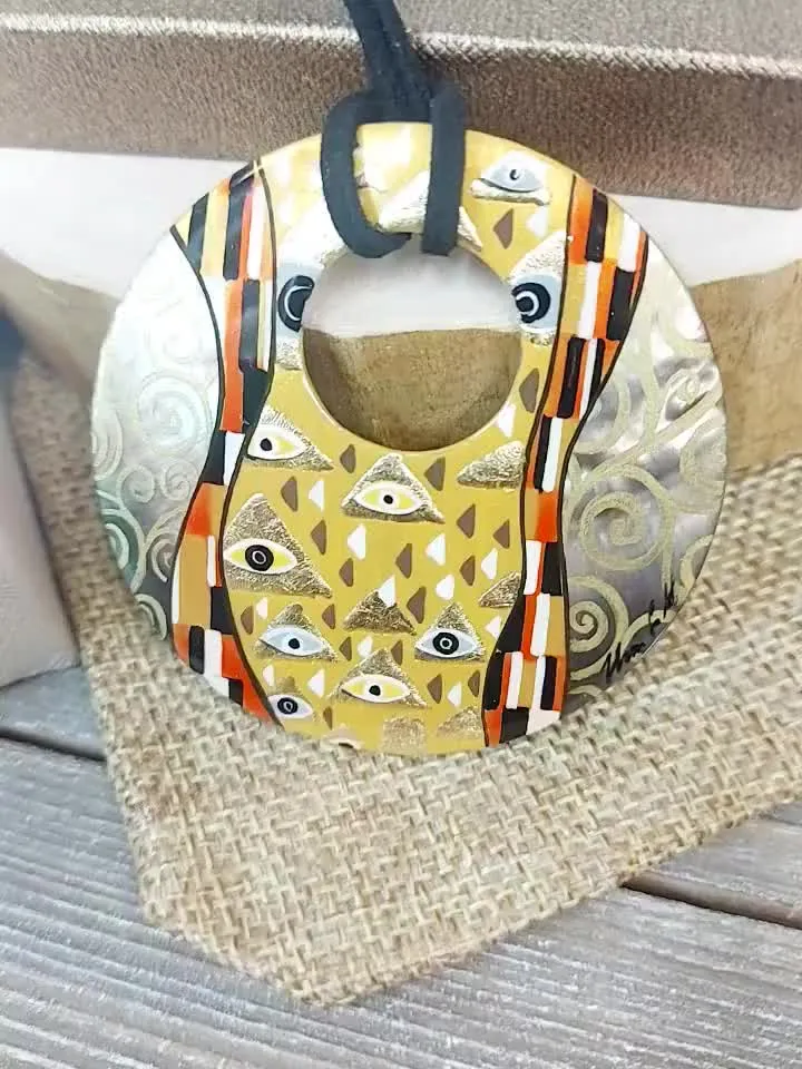 Pearl pendant necklace: Abstract art in style of Gustav Klimt painted on Mother of pearl necklace • Aesthetic stylish pendant for her dress