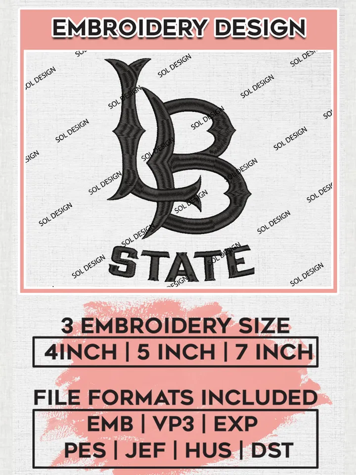 NCAA LB State Team Logo Embroidery Design Files, NCAA Long Beach State Beach Machine Embroidery, NCAA Teams, Game Day, 3 sizes, NCAA Machine embroidery designs, Digital Download