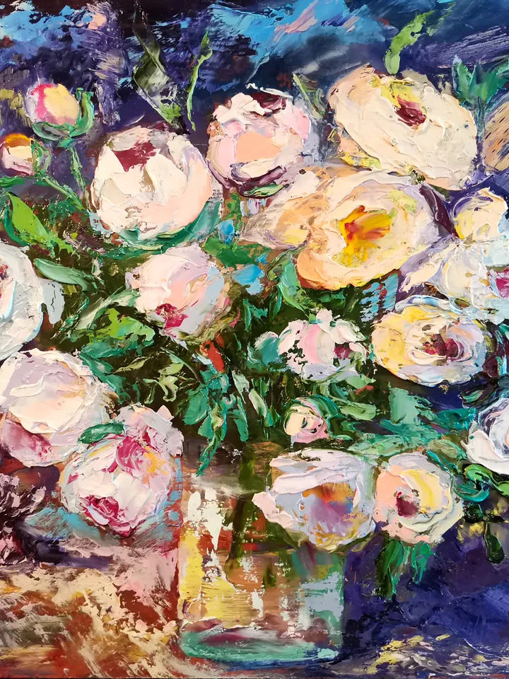 Peonies Glass Vase Candy Oil Painting Flower Impasto Original Artist Svinar Oksana
