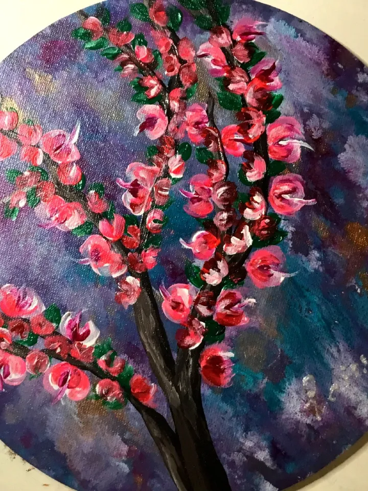 Flowers painting,Bright flowers on round canvas board,acrylic,not framed.
