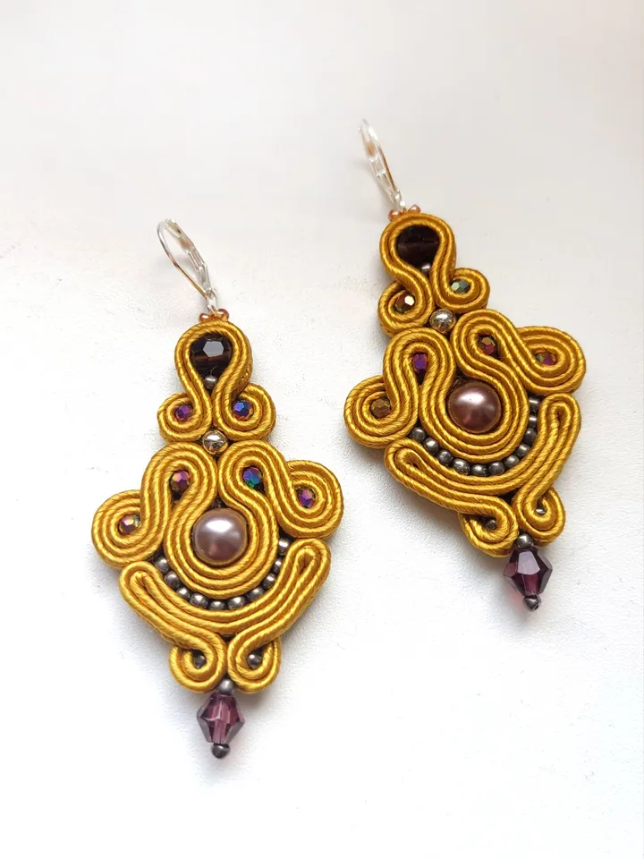 Golden earrings, Long dangle earrings, beaded embroidered soutache earrings