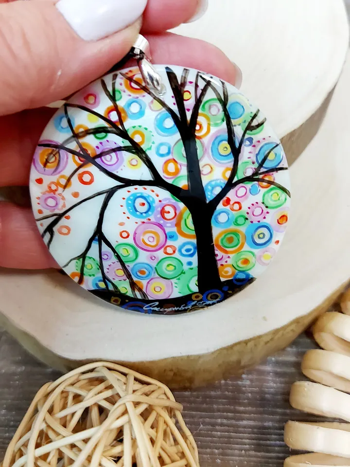 Mother-of-pearl Russian hand-painted necklace The Tree of Happiness Hand paint necklace pendant MOP pendant Hand painted miniature painting