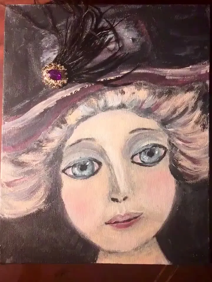 Victoria doll,original mix media painting on 3 d canvas,one of a kind, fantasy antique doll painting,gift,home decoration
