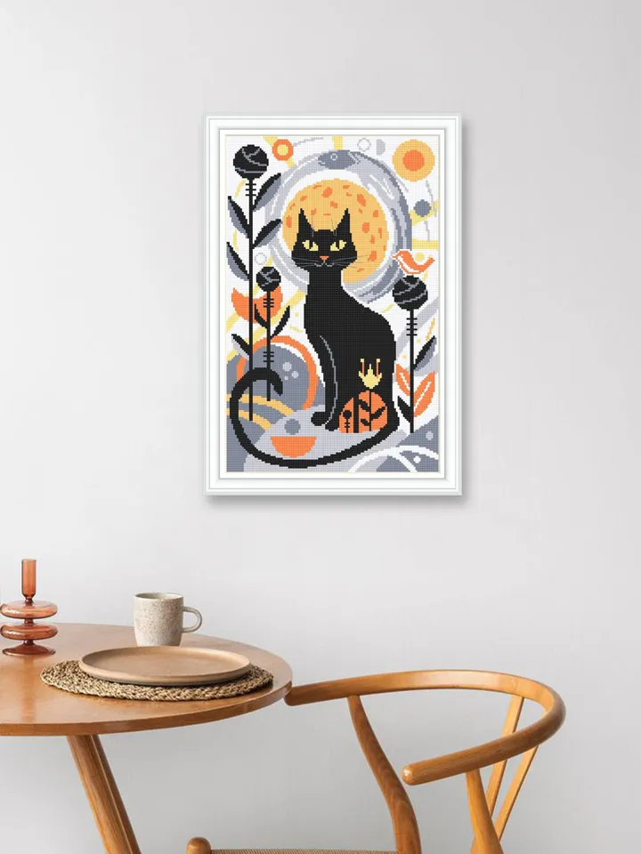 Boho cat cross stitch pattern PDF download Boho cross stitch chart, Abstract pattern digital PDF, Black cat embroidery, Boho wall decor #K21