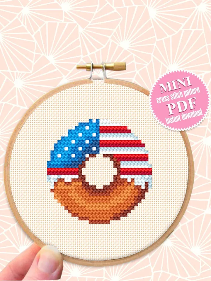 American flag donut cross stitch pattern PDF download Independence Day 4th of July Patriotic cross stitch chart, Mini food cross stitch #T21