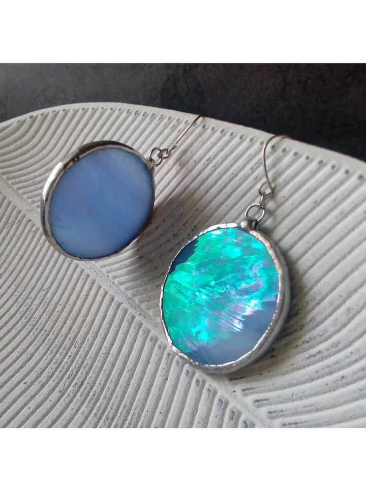 Iridescent stained glass blue earrings, Dichroic earrings, Duochrome earrings, Round stained glass