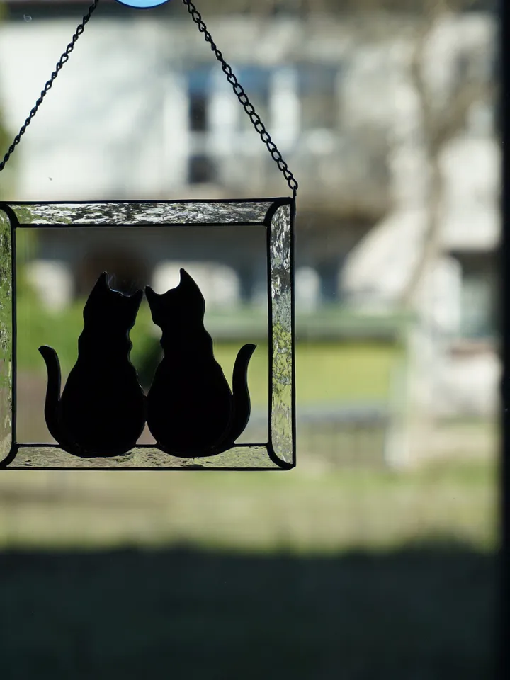 Two Black Cats in Frame Stained glass window hanging Suncatcher . Gift for animal lover , pet loss memorial