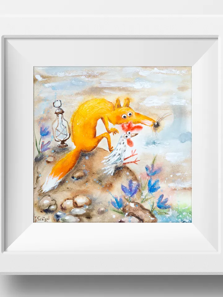 26×26cm Artwork by Julia Schigal "Fox and Chicken" - watercolor, gouache