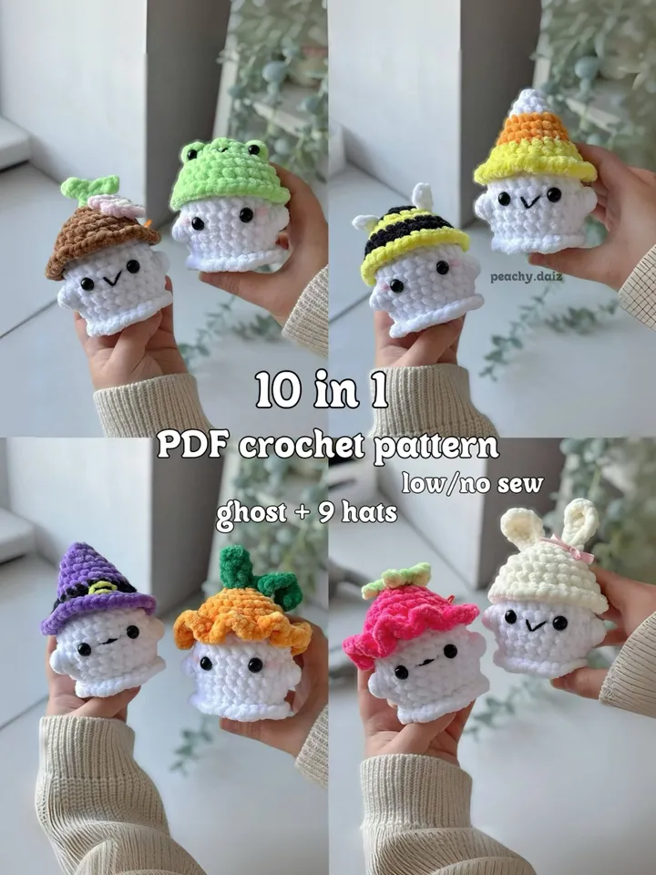 10 in 1 crochet pattern, ghost with hats pattern, crochet halloween plush, set halloween crochet, hats for ghost crochet, LOW sew crochet