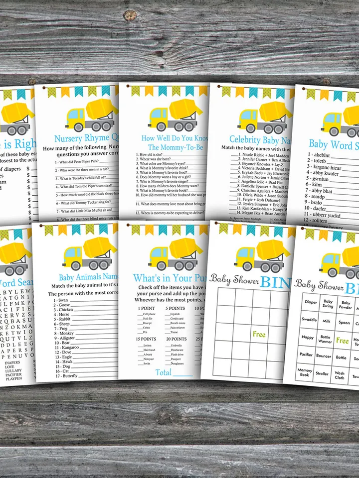 Construction baby shower games bundle,Concrete mixer Baby Shower games package,Fun Baby Shower Games,9 Printable Game375