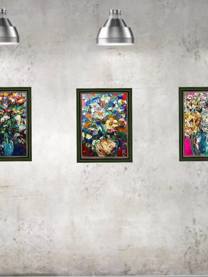 Triptych- original oil painting on canvas boards,flowers in a vase impasto style textured paintings, unique handmade gifts, home decoration.