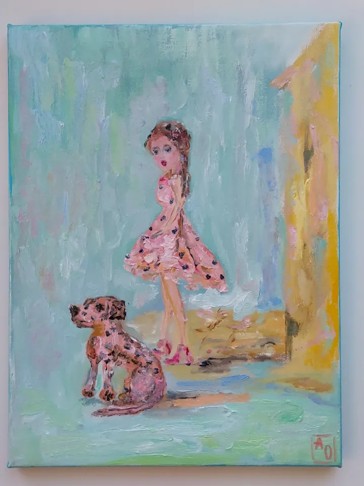 "Walking with a dog" oil painting on canvas 30x40cm (12x16 inch)