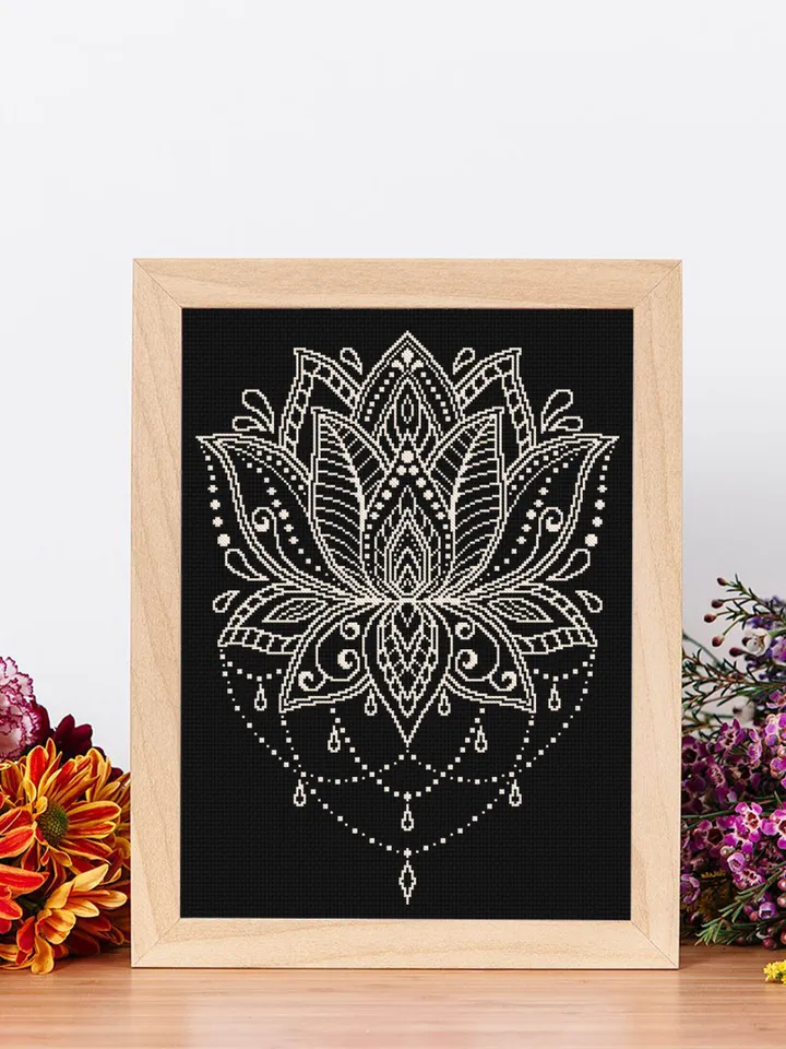 Flower lotus mandala cross stitch pattern download PDF Floral ornament cross stitch chart, Monochrome mandala pattern digital PDF #M96