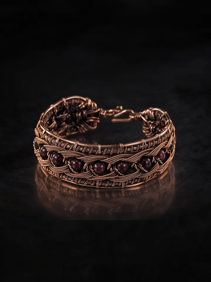 Copper wire wrapped garnet bracelet Unique bangle 7th Wedding Anniversary