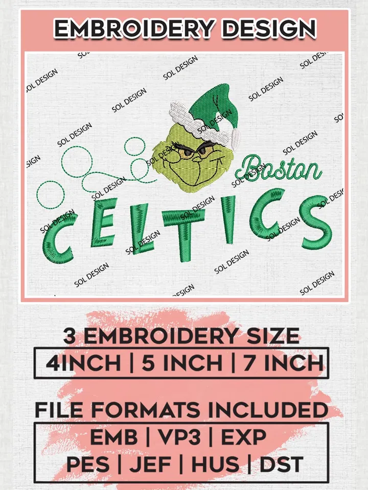 Grinch Boston Celtics Embroidery Designs, Grinch Christmas Embroidery Files, NBA Boston Celtics Machine Embroidery Designs, NBA Celtics Logo, NBA Christmas Machine Embroidery Design, Digital Download