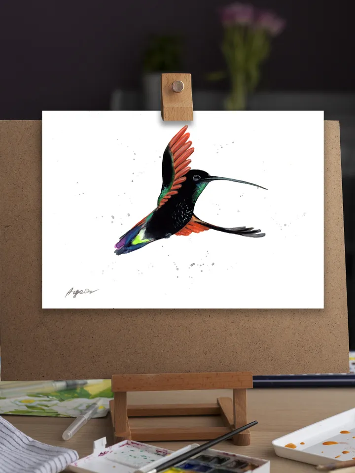 Hummingbird original watercolor painting , bird on the branch, colibri portrait room decor, 8x11 in wall art for bird lovers illustration by Anne Gorywine
