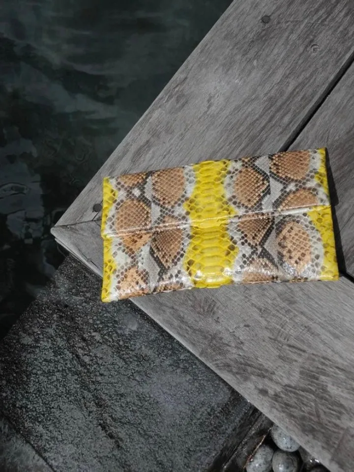 Genuine python skin yellow and brown handmade clutch, classy elegant leather envelope bag, purse, flat snake leather clutch,small clutch