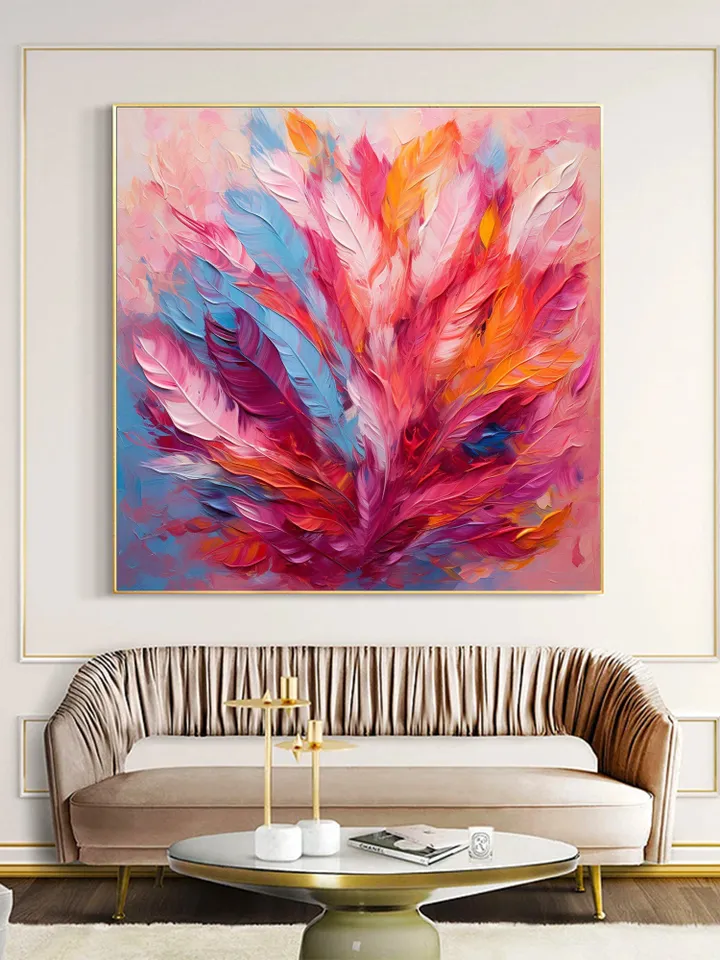 Original Colorful Feathers Oil Painting On Canvas, Large Wall Art, Abstract Colorful Painting, Custom Painting, Living room Home Wall Decor