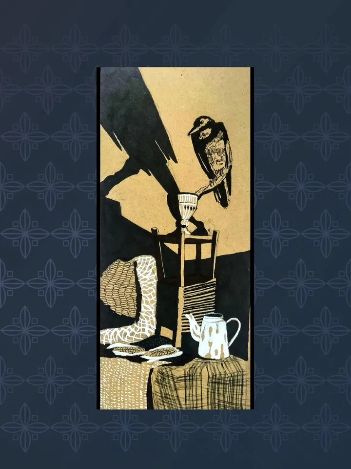 Professional original artwork with crow and teapot