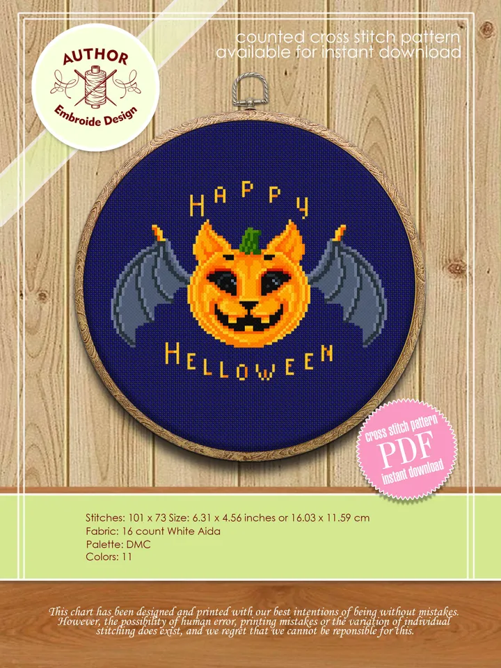Happy Halloween cross stitch pattern download PDF Kawaii Halloween cat cross stitch Halloween quotes xstitch Cute Halloween embroidery #H4