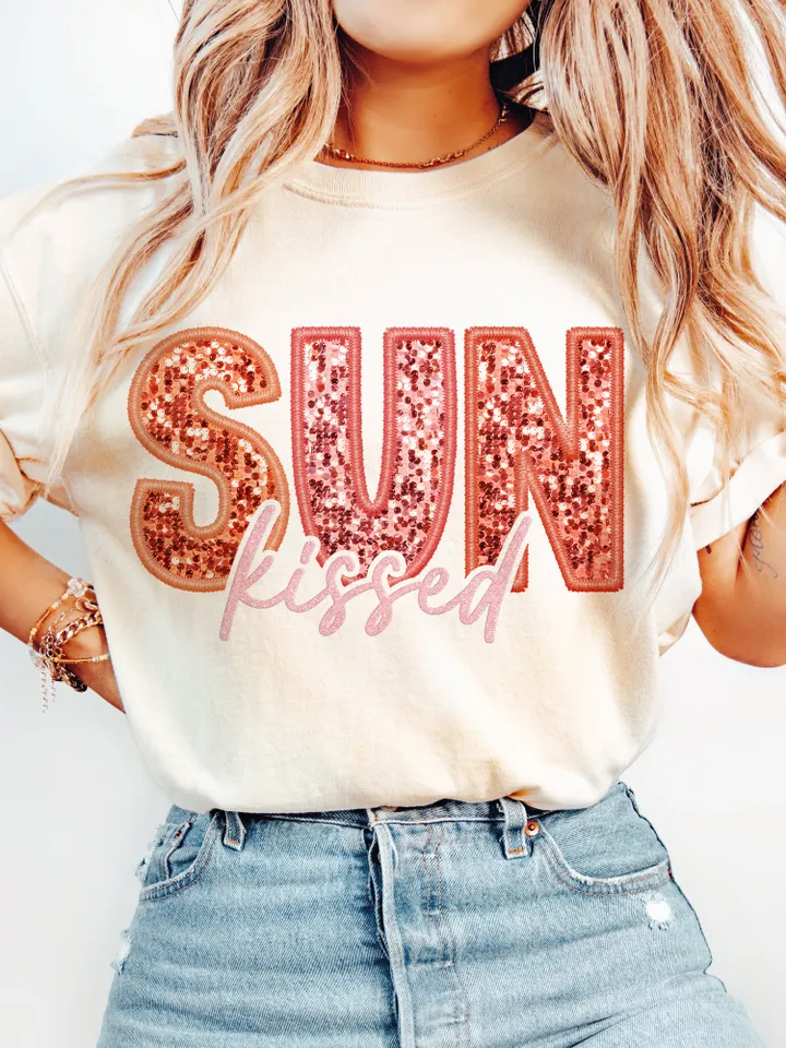 Sunkissed PNG Faux Sequins Embroidered Letters Springbreak Shirt Design Sunshine Shirt Design Here summer png, boho png,retro sublimation
