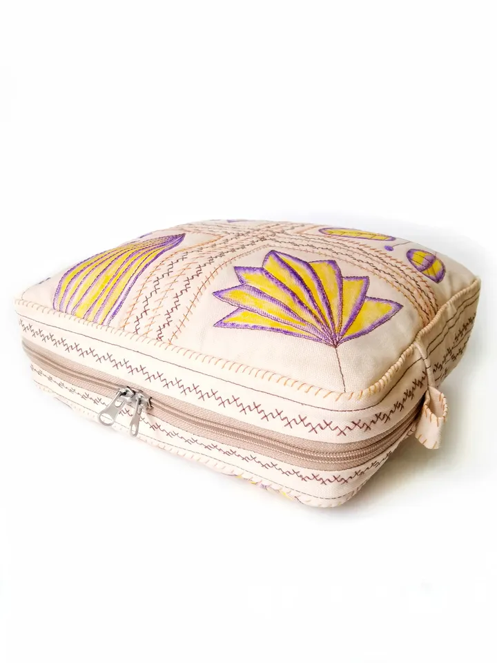 Hand Embroidered Large Cosmetic Bags: Handmade Denim Pouches with Zipper - Unique Embroidered Fabric Women's Beauty Bags. FREE SHIPPING!