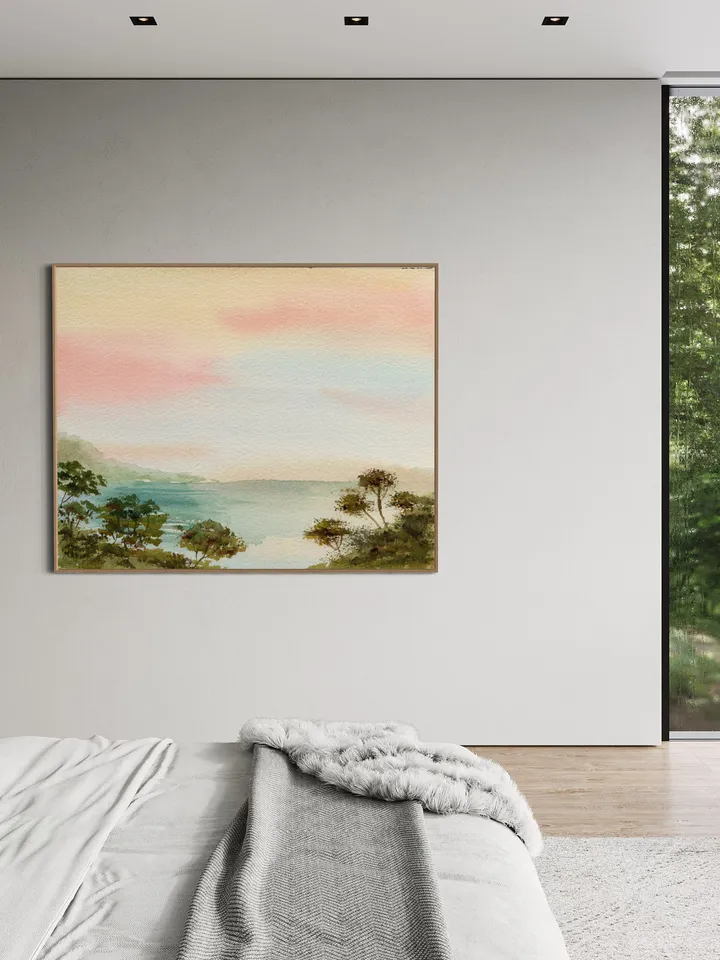 Colorful Landscape Watercolor Painting Art Print, Pink Sunset Art, Pastel Color Art, Boho Office Decor, Pink Landscape, Preppy Girl Decor