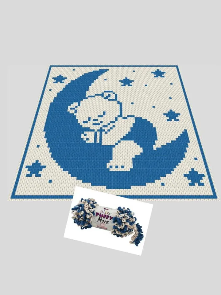 Loop yarn Finger knitted Bear on the Moon baby blanket pattern PDF
