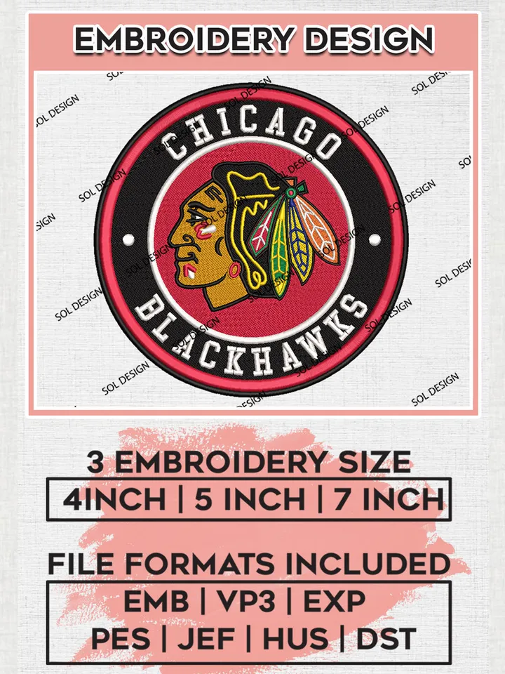 Chicago Blackhawks Circle Logo Machine Embroidery Files, NHL Chicago Blackhawks Embroidery Designs, NHL Blackhawks Logo, NHL Embroidery Designs, Digital Download