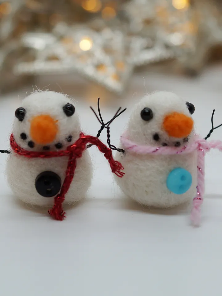 Miniature needle felted snowman in a red scarf, ready to ship from the USA