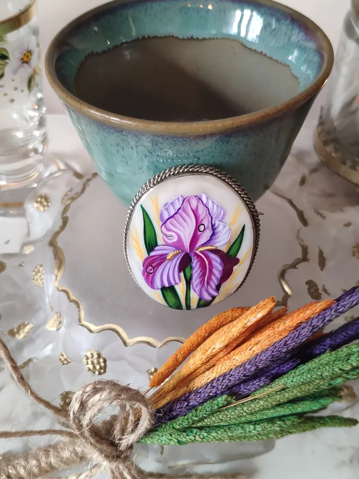 Brooches for women: Dainty pink Iris painted on lacquer brooch • Elegant jewelry pin with floral design • Impressive blossom pearl brooch