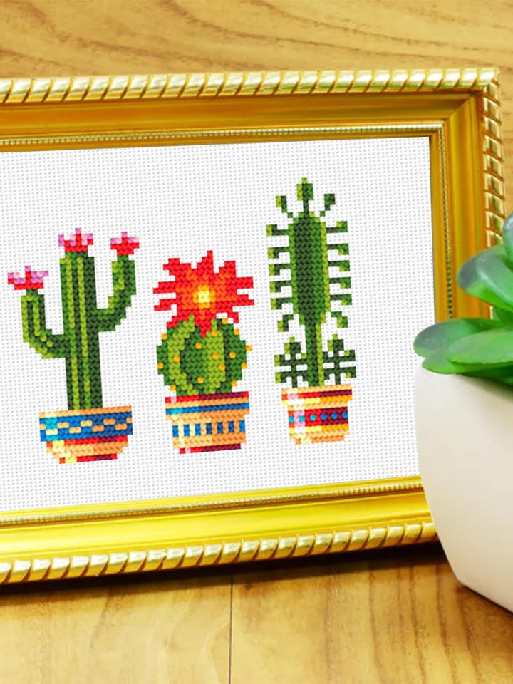 Cactus plant cross stitch pattern PDF download, Easy small cross stitch chart, Floral cross stitch sampler, Blooming cactus embroidery #P23