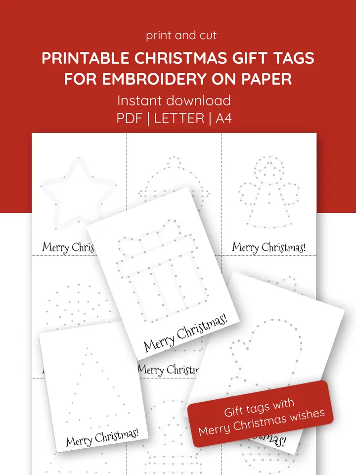 Printable Christmas handmade gift tags. Wishing cards DIY tags to embroidery. Yarn kids craft. Family activity