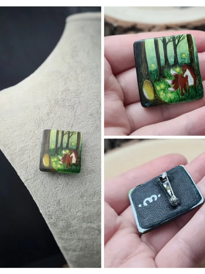 Kitsune brooch, real oil painting miniature on mother of pearl. Kitsune fox pin