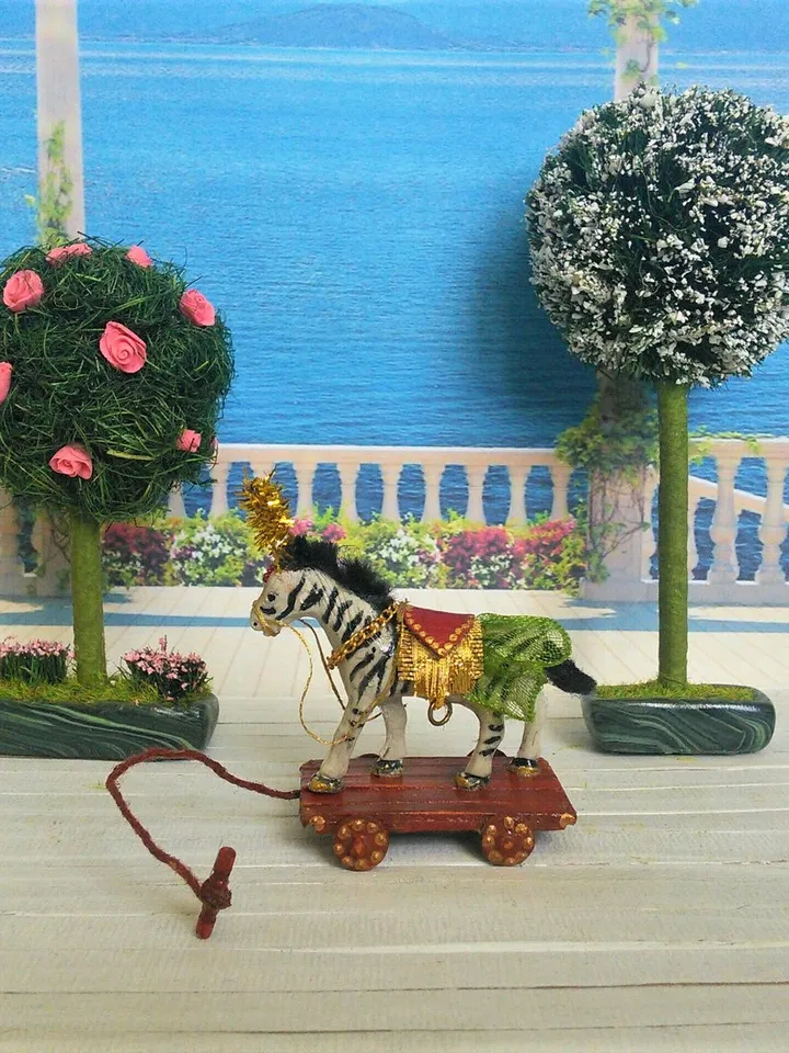 Zebra on Wheels.Toy for a doll. Dollhouse miniature.1:12 scale.