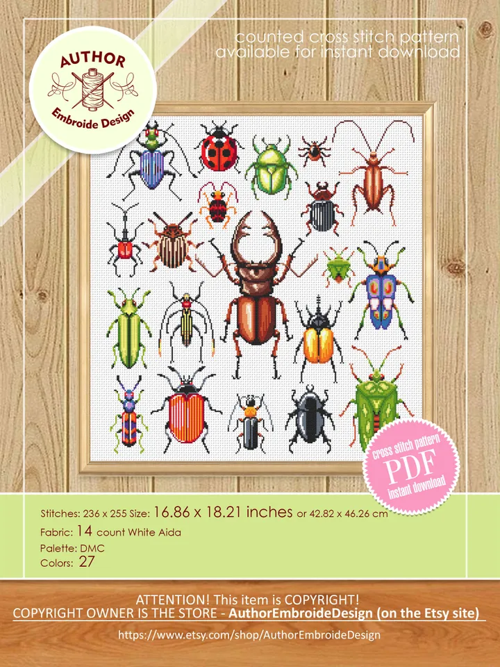 Bugs cross stitch pattern PDF download Sampler beetles cross stitch chart, Insect cross stitch, Bugs pattern digital PDF, Stag beetle #K42