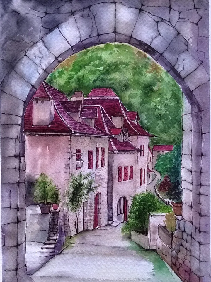 Saint-Cirq Lapopie Original Artwork Old French Village Watercolor Painting 11.81x15.74 in by Art Café