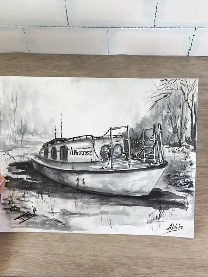 Boat painting Original watercolor painting B&W art Graphic painting Monochrome painting