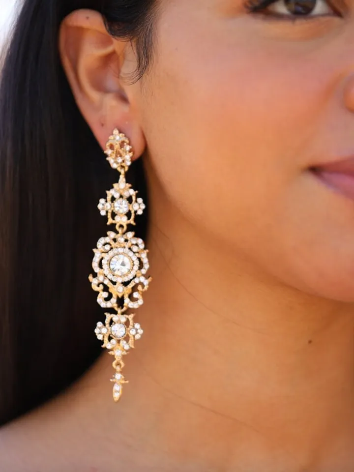 Extra Long Vintage Style Gold Wedding Earrings, Art Deco Bridal Earrings, Swarovski Bridal Earrings, Chandelier Statement Earrings, Jewelry